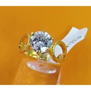 1990s Gold Plated 3.25 CT Size 9 Solitaire Engagement Cocktail Sim Diamond Ring